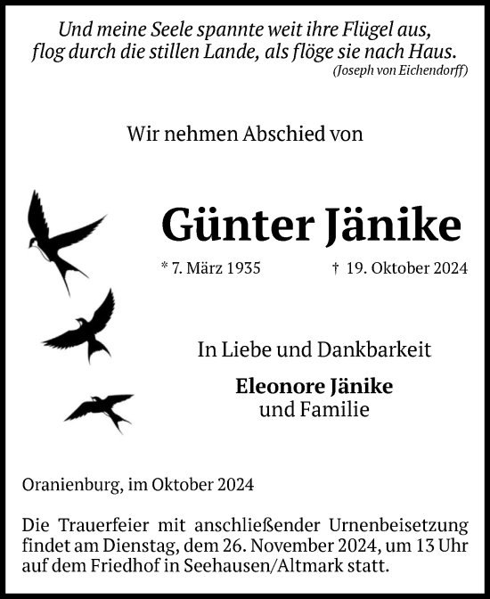 Traueranzeige von Günter Jänike von Volksstimme Altmark Ost
