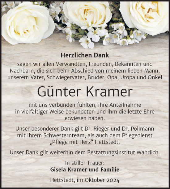 Traueranzeige von Günter Kramer von Trauerkombi Mansfelder Land