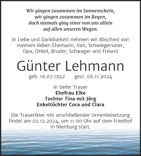 Traueranzeige von Günter Lehmann von Trauerkombi Bernburg