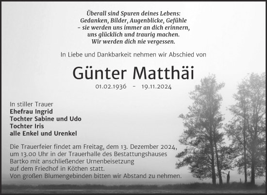 Traueranzeige von Günter Matthäi von Trauerkombi Köthen