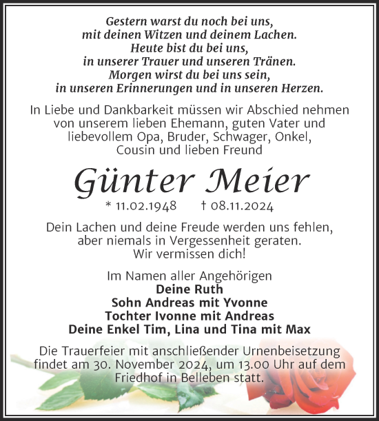 Traueranzeige von Günter Meier von Trauerkombi Bernburg