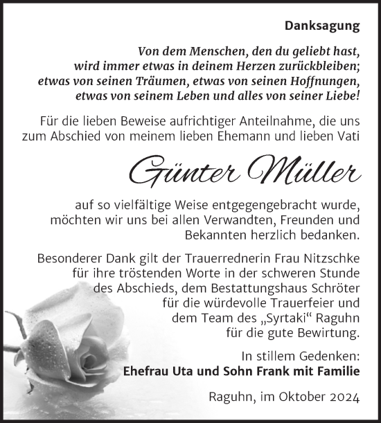 Traueranzeige von Günter Müller von Trauerkombi Bitterfeld