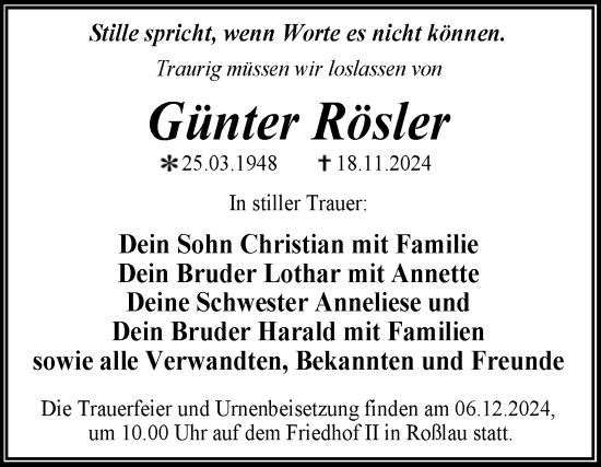 Traueranzeige von Günter Rösler von Trauerkombi Dessau