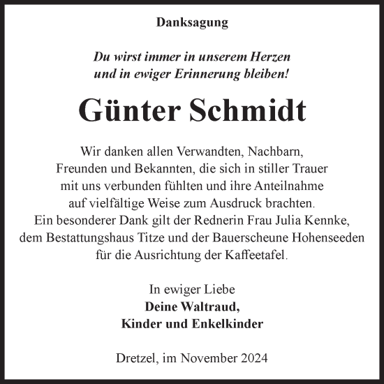 Traueranzeige von Günter Schmidt von Volksstimme Burg/Genthin