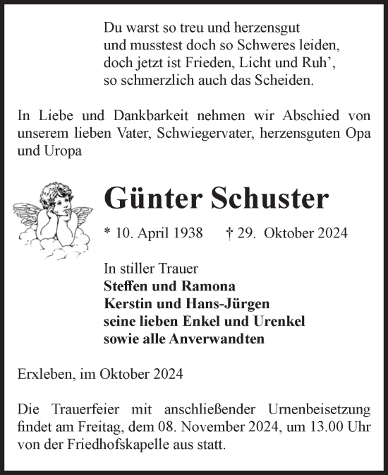 Traueranzeige von Günter Schuster von Volksstimme Haldensleben/Wolmirstedt