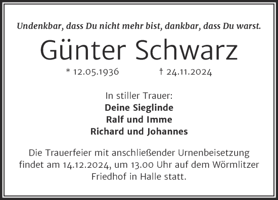 Traueranzeige von Günter Schwarz von Mitteldeutsche Zeitung Halle/Saalkreis