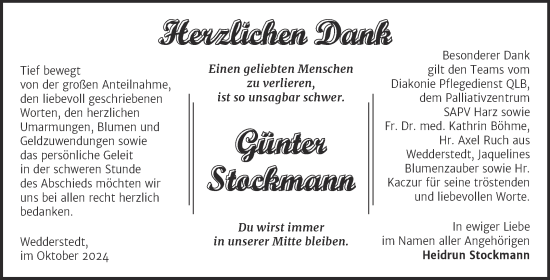 Traueranzeige von Günter Stockmann von Trauerkombi Quedlinburg
