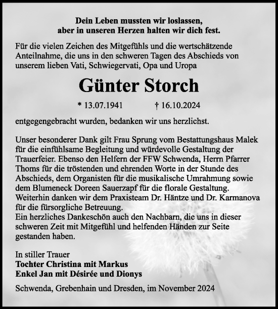 Traueranzeige von Günter Storch von Trauerkombi Sangerhausen