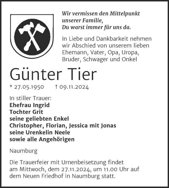 Traueranzeige von Günter Tier von Super Sonntag Naumburg/Nebra