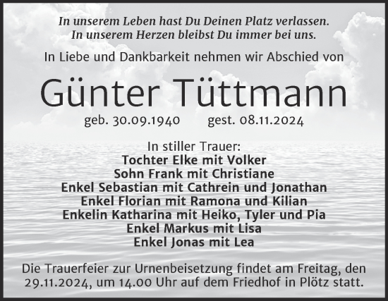Traueranzeige von Günter Tüttmann von Mitteldeutsche Zeitung Halle/Saalkreis