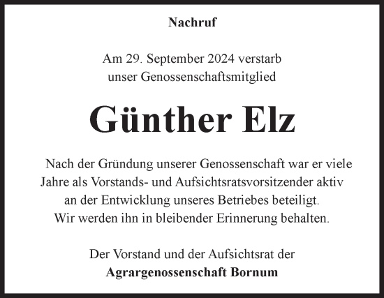 Traueranzeige von Günther Elz von Volksstimme Zerbst