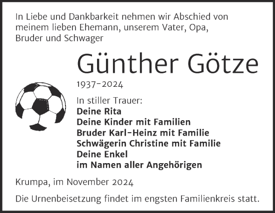 Traueranzeige von Günther Götze von Trauerkombi Merseburg