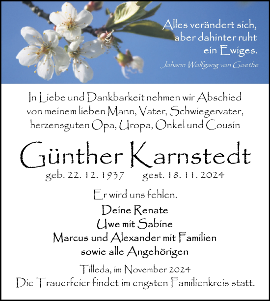 Traueranzeige von Günther Karnstedt von Trauerkombi Sangerhausen