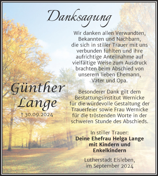 Traueranzeige von Günther Lange von Trauerkombi Mansfelder Land