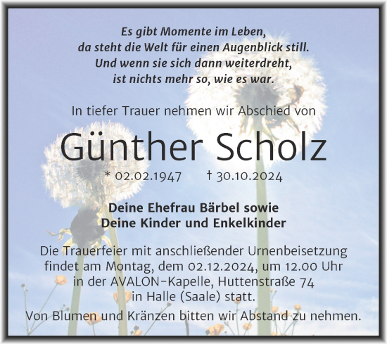 Traueranzeige von Günther Scholz von Mitteldeutsche Zeitung Halle/Saalkreis