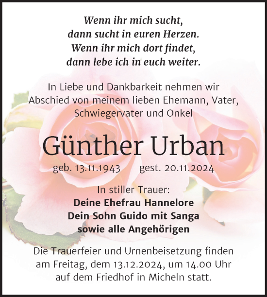 Traueranzeige von Günther Urban von Trauerkombi Köthen