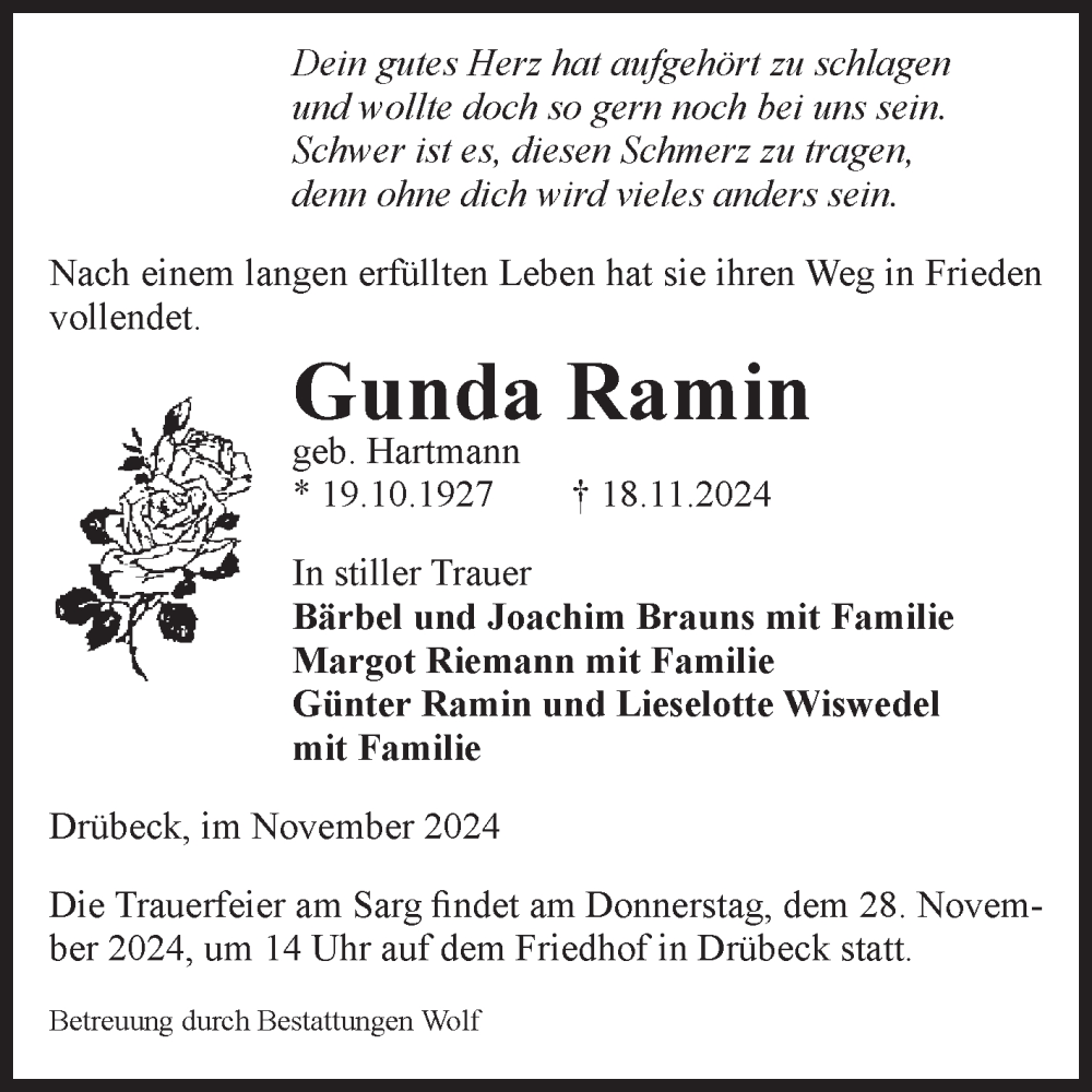  Traueranzeige für Gunda Ramin vom 23.11.2024 aus Volksstimme Wernigerode