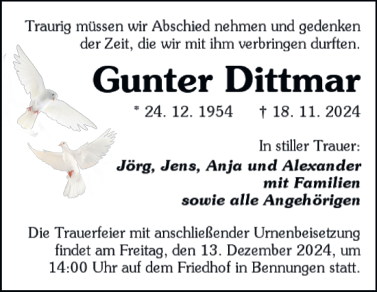 Traueranzeige von Gunter Dittmar von Trauerkombi Sangerhausen
