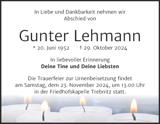 Traueranzeige von Gunter Lehmann von Trauerkombi Weißenfels