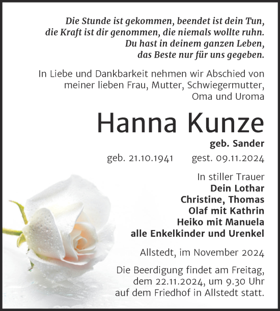 Traueranzeige von Hanna Kunze von Trauerkombi Sangerhausen