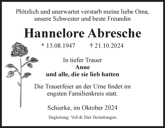 Traueranzeige von Hannelore Abresche von Volksstimme Wernigerode
