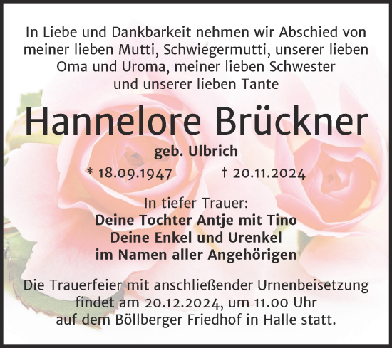 Traueranzeige von Hannelore Brückner von Mitteldeutsche Zeitung Halle/Saalkreis