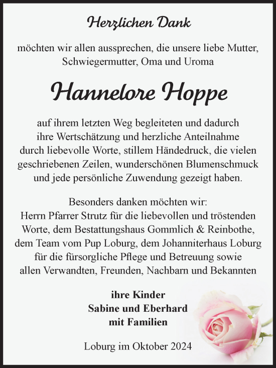Traueranzeige von Hannelore Hoppe von Volksstimme Zerbst