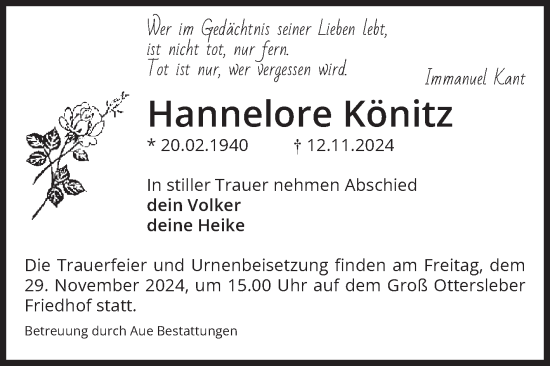 Traueranzeige von Hannelore Könitz von Volksstimme Magdeburg