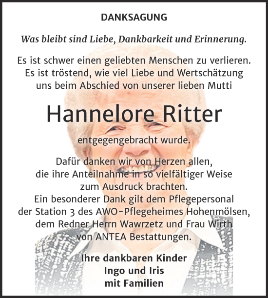 Traueranzeige von Hannelore Ritter von Trauerkombi Weißenfels