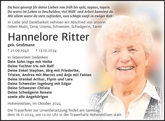 Traueranzeige von Hannelore Ritter von Trauerkombi Weißenfels