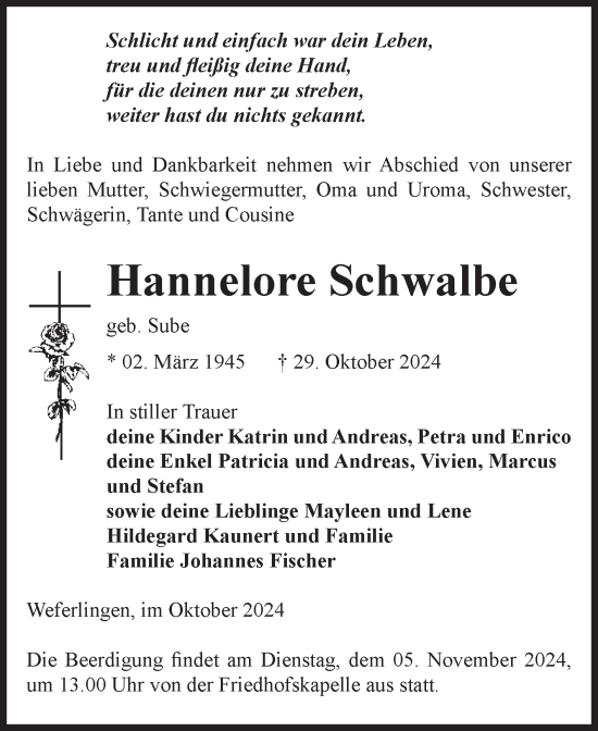 Traueranzeige von Hannelore Schwalbe von Volksstimme Haldensleben/Wolmirstedt