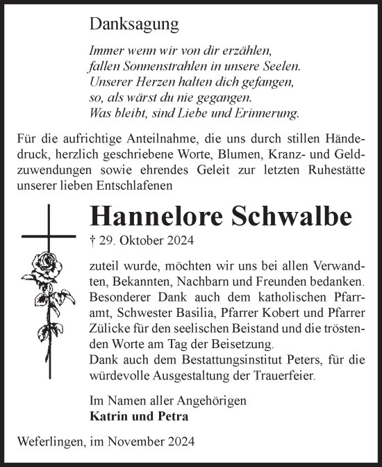 Traueranzeige von Hannelore Schwalbe von Volksstimme Haldensleben/Wolmirstedt