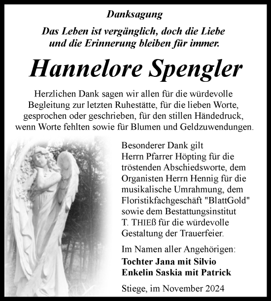 Traueranzeige von Hannelore Spengler von Volksstimme Wernigerode