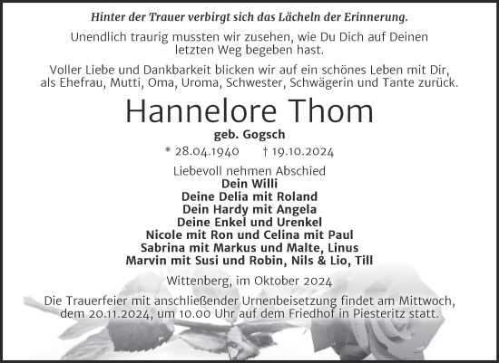 Traueranzeige von Hannelore Thom von Trauerkombi Wittenberg
