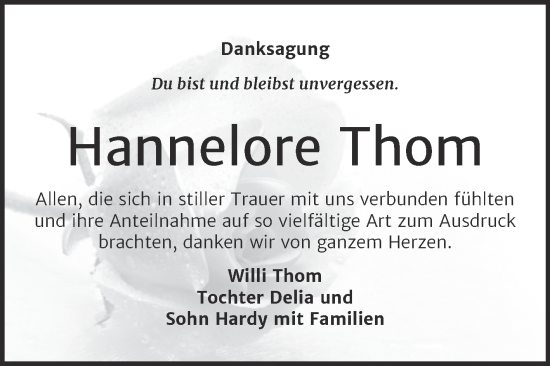 Traueranzeige von Hannelore Thom von Trauerkombi Wittenberg