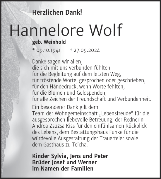 Traueranzeige von Hannelore Wolf von Mitteldeutsche Zeitung Halle/Saalkreis