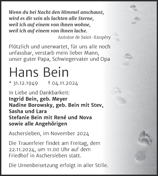 Traueranzeige von Hans Bein von Trauerkombi Aschersleben
