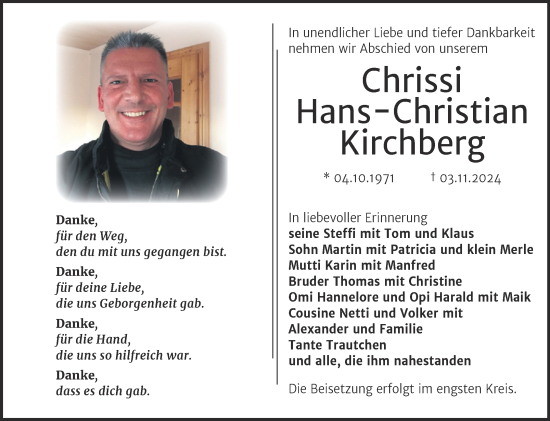 Traueranzeige von Hans-Christian Kirchberg von Trauerkombi Bernburg