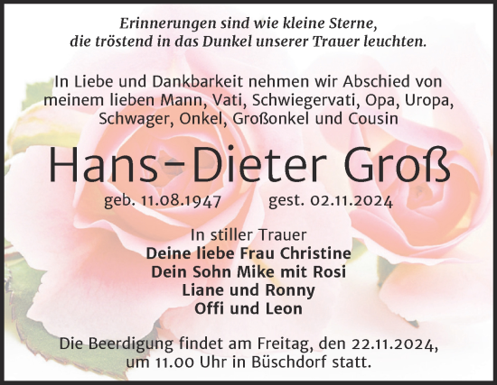 Traueranzeige von Hans-Dieter Groß von Mitteldeutsche Zeitung Halle/Saalkreis