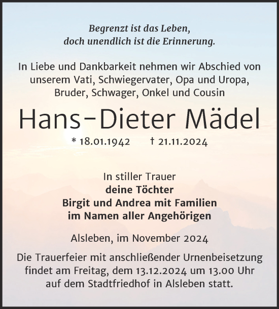 Traueranzeige von Hans-Dieter Mädel von Trauerkombi Bernburg