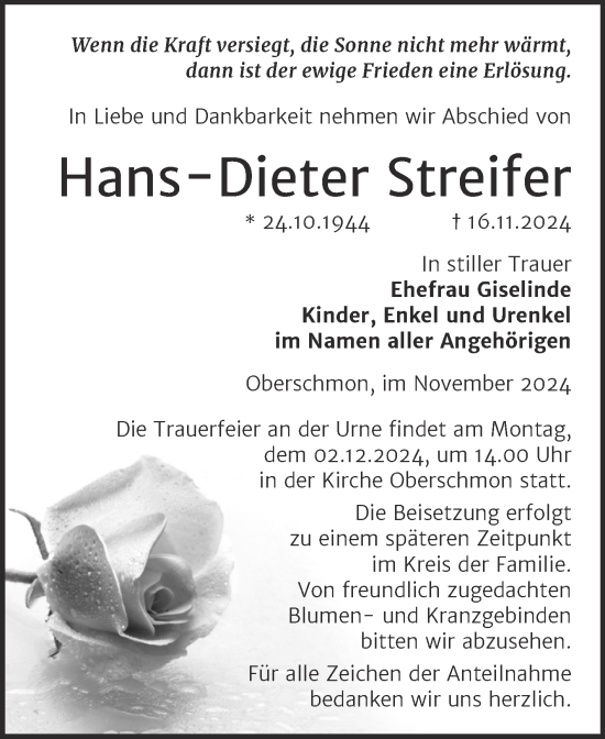 Traueranzeige von Hans-Dieter Streifer von Trauerkombi Merseburg