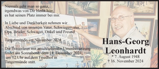 Traueranzeige von Hans-Georg Leonhardt von Volksstimme Altmark Ost