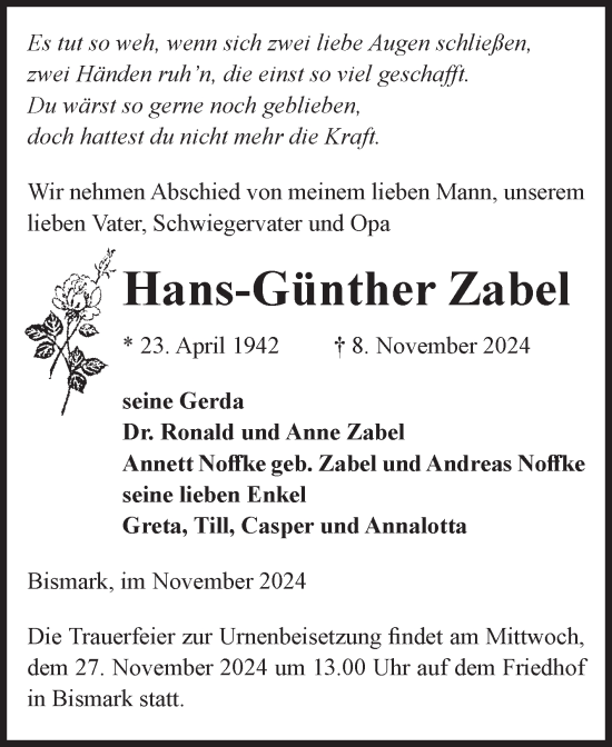 Traueranzeige von Hans-Günther Zabel von Volksstimme Altmark Ost