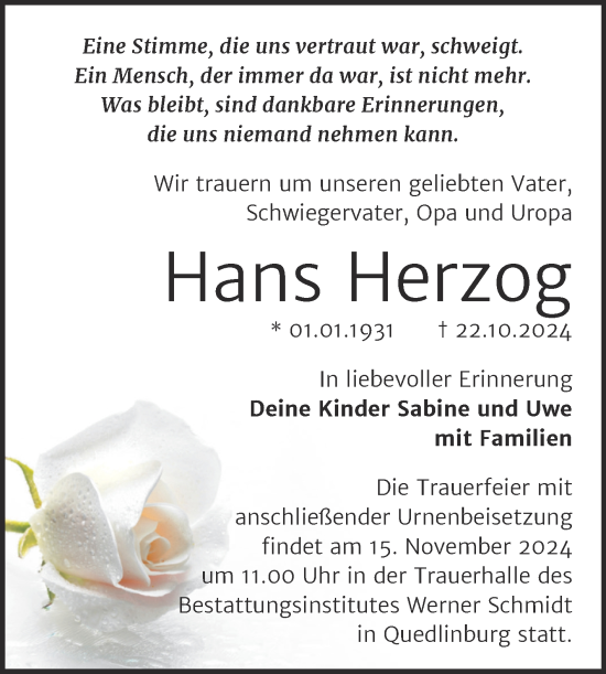 Traueranzeige von Hans Herzog von Trauerkombi Quedlinburg