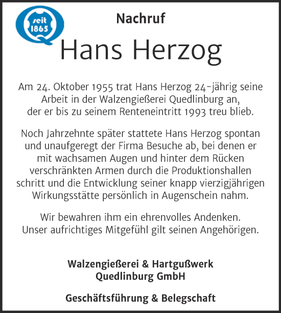 Traueranzeige von Hans Herzog von Mitteldeutsche Zeitung Quedlingburg