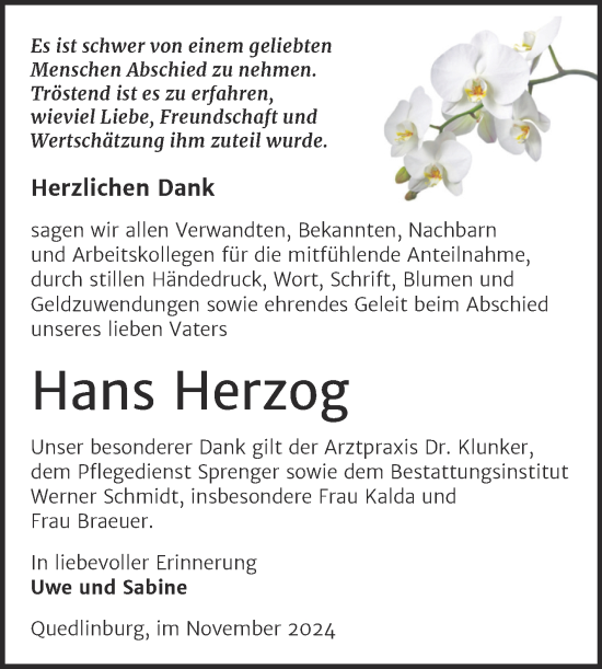 Traueranzeige von Hans Herzog von Trauerkombi Quedlinburg