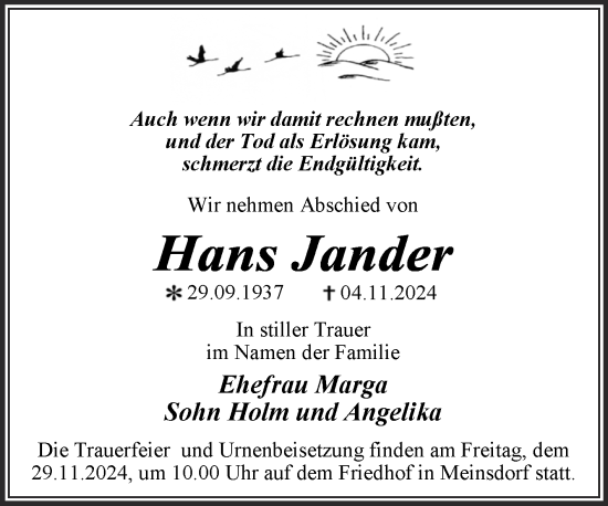 Traueranzeige von Hans Jander von Trauerkombi Dessau