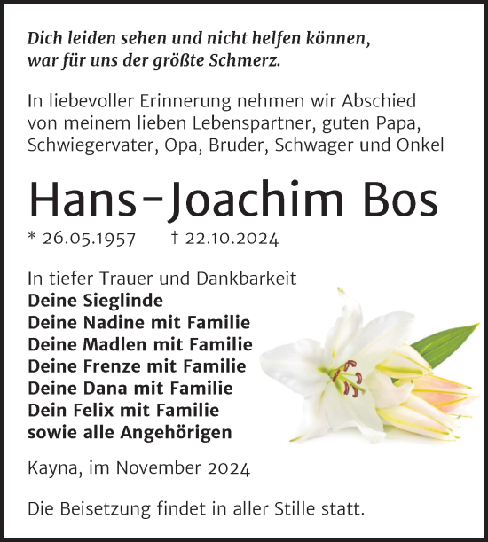 Traueranzeige von Hans-Joachim Bos von Trauerkombi Zeitz