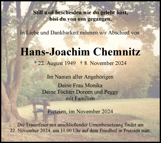 Traueranzeige von Hans-Joachim Chemnitz von Volksstimme Schönebeck