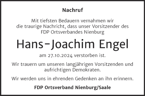 Traueranzeige von Hans-Joachim Engel von Super Sonntag Bernburg